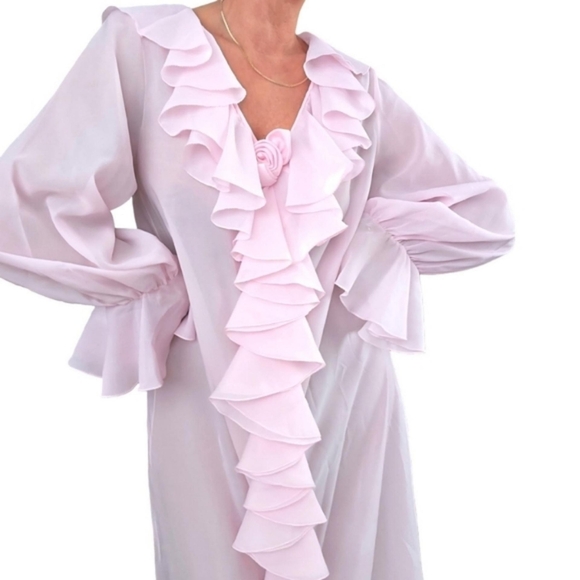 Christian Dior Vintage Pink Ruffle Kaftan Caftan Long Sleeve Maxi Hostess Dress - Picture 3 of 9